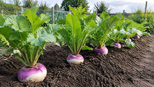 Rows of turnips growing in a garden bed, with purple shoulders rising above loose soil