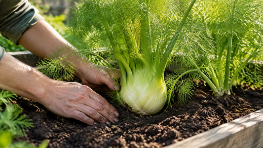 A gardener tending a rounded Florence fennel bulb in a sunny raised bed