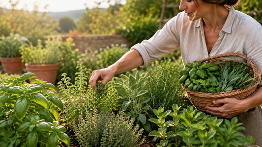 Gardener harvesting fresh basil, oregano, thyme, sage, rosemary and mint into a basket