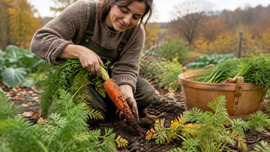 Gardener lifting mature carrots from dark soil in a late-fall garden bed