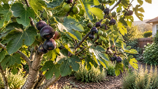 A mature fig tree carrying ripe figs in a sunny home garden