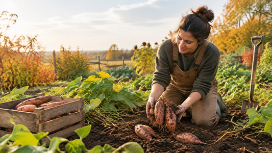 Gardener harvesting sweet potatoes from a late-season garden