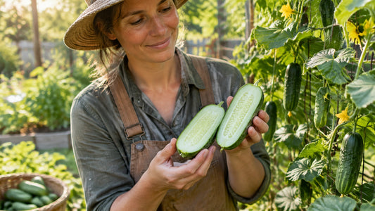 Gardener holding a freshly sliced cucumber in a home garden