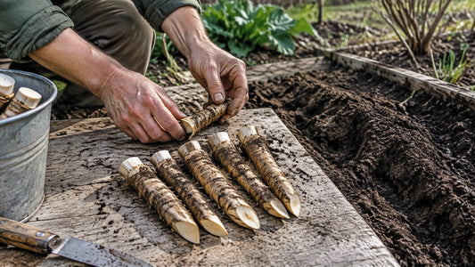 Horseradish root cuttings laid out beside a prepared garden bed