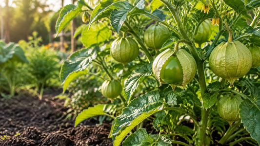 A tomatillo plant with firm green fruit nestled in papery husks in a sunny home garden