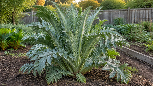 Mature cardoon with tall, deeply cut silvery-green leaves in a home vegetable garden