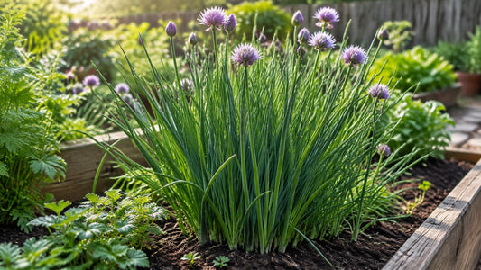A mature clump of common chives growing in a sunny raised garden bed