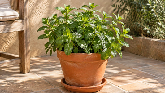A leafy mint plant growing in a terracotta pot on a sunny patio