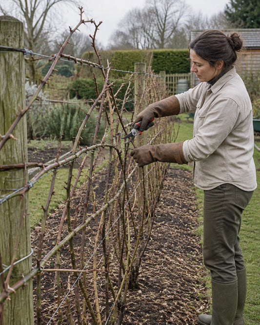 Gardener in long gloves pruning a dormant blackberry row trained on a trellis