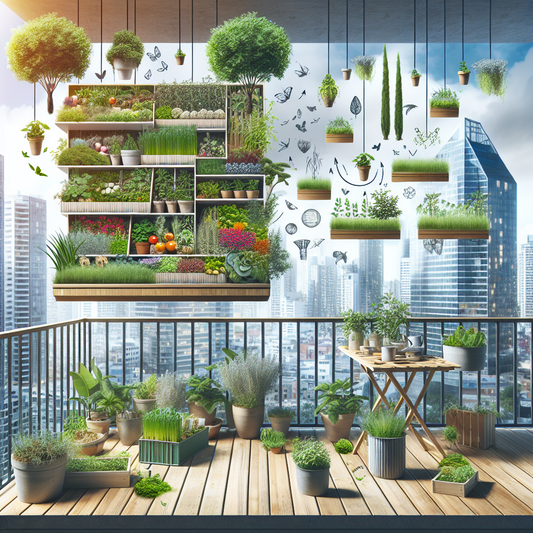 Small balcony garden with potted herbs and flowers