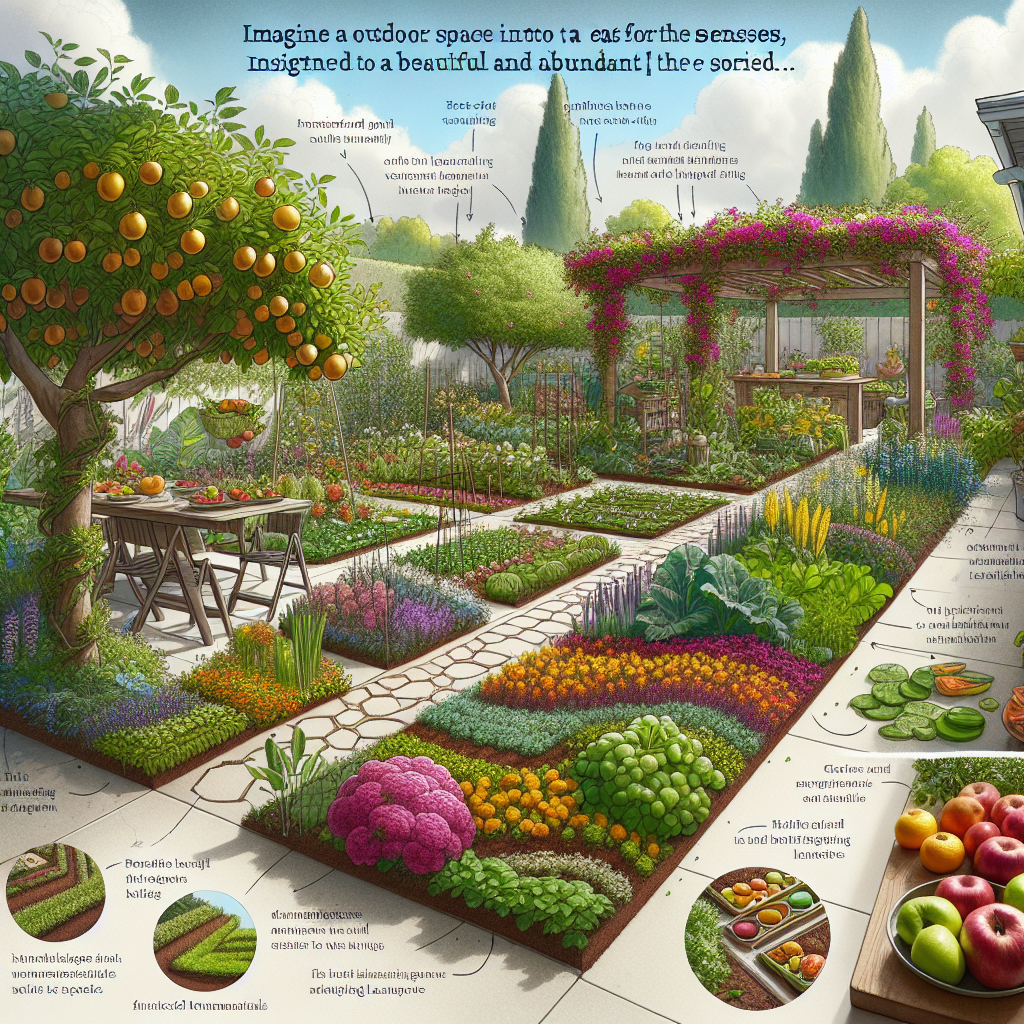 Colorful edible garden with herbs and vegetables arranged decoratively