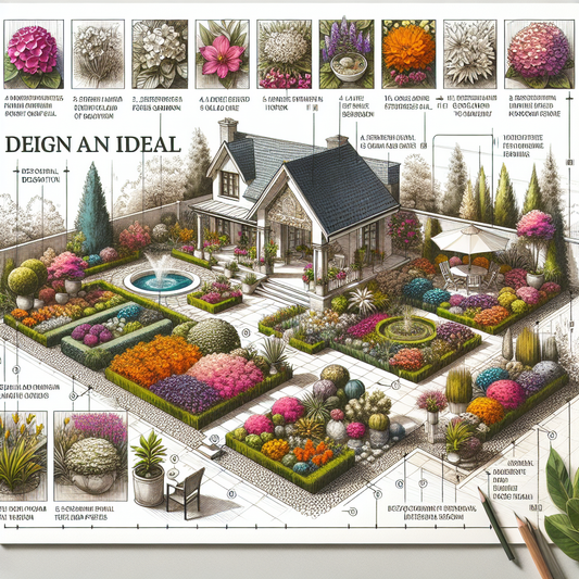 Colorful home garden with planters and stone walkway