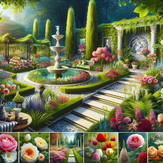 Backyard garden with flower beds and stone pathway
