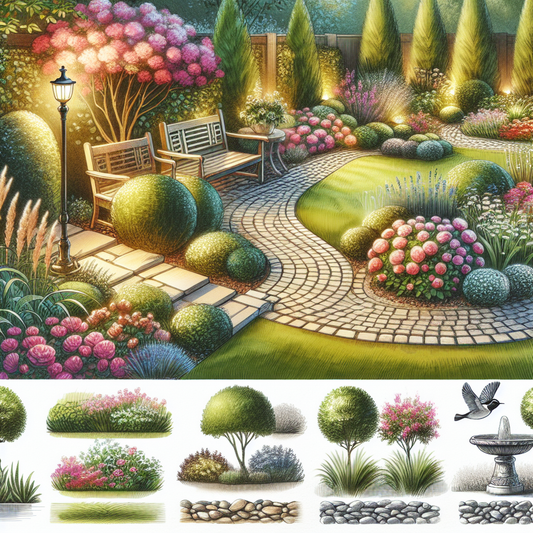 Stone garden pathway lit by soft evening lights