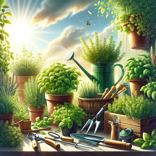 Fresh green herbs growing in sunlight planter box