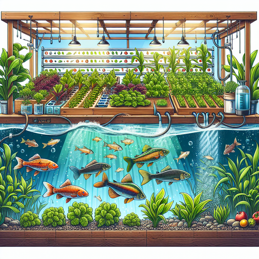 Aquaponic system with fish tank and leafy greens growing above