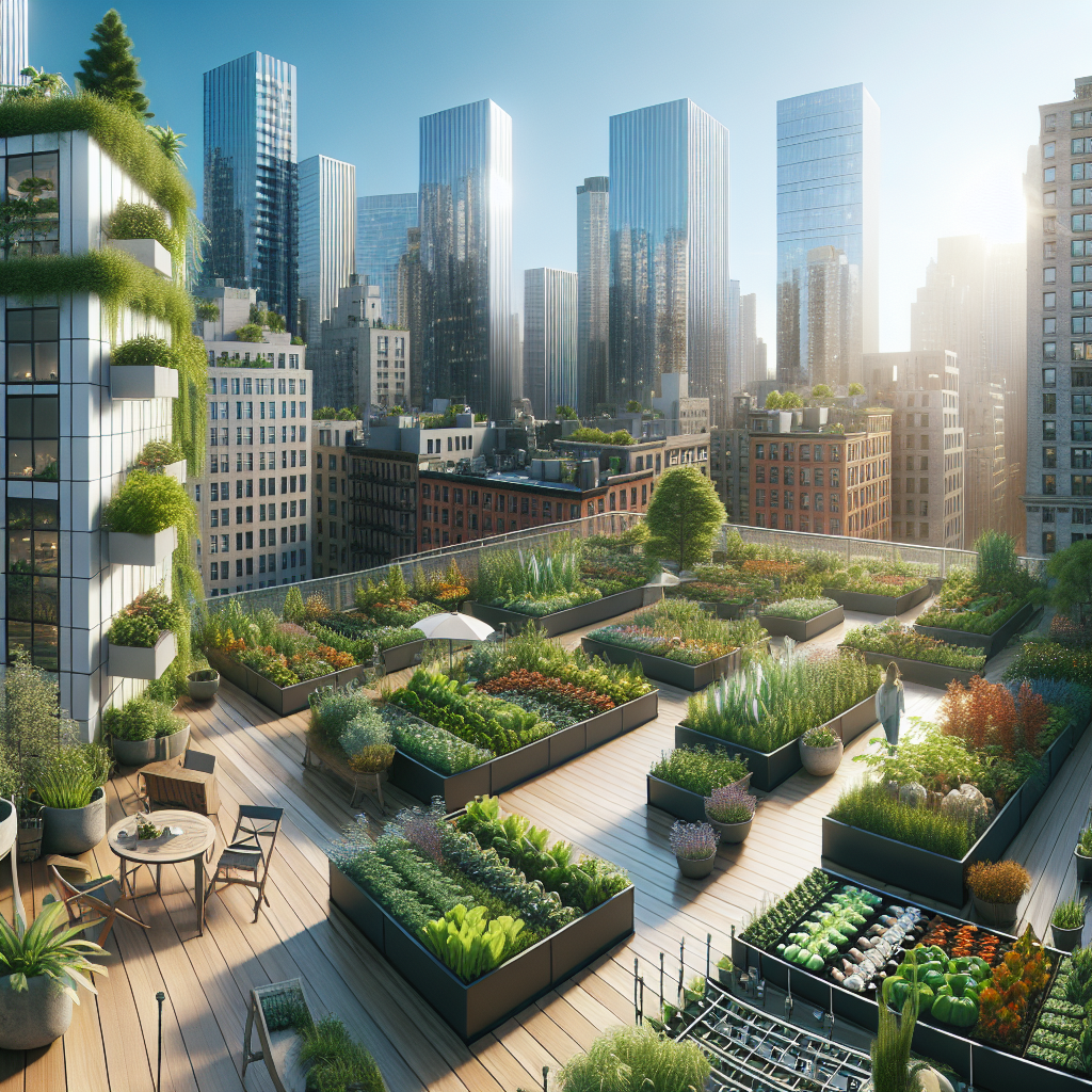 Colorful rooftop garden with planters and city skyline view