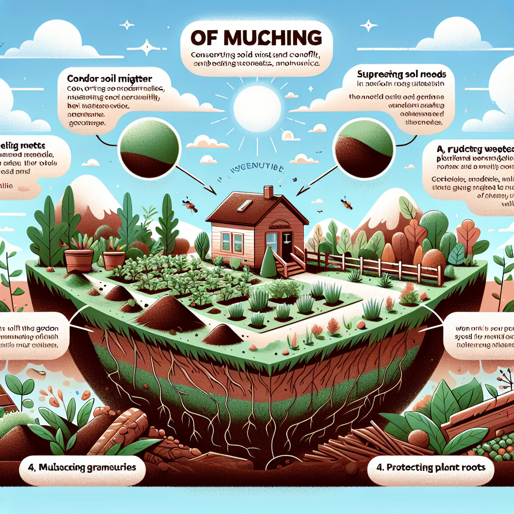 Applying organic mulch around garden plants to retain moisture