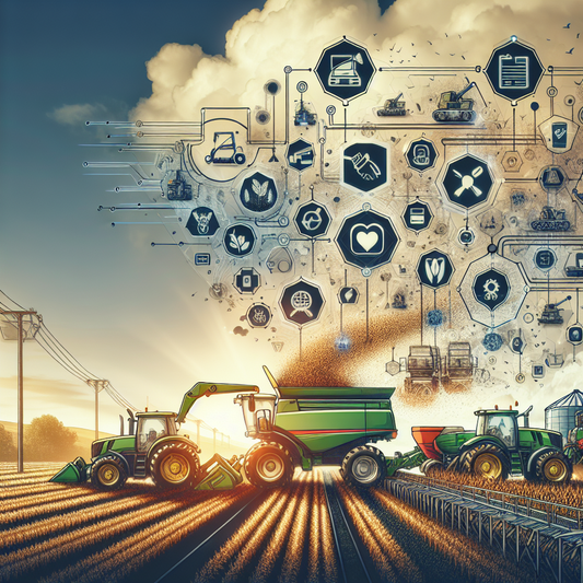 Modern tractor plowing a green farm field at sunrise