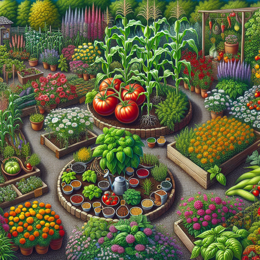 Tomato plants growing alongside basil in a summer garden bed