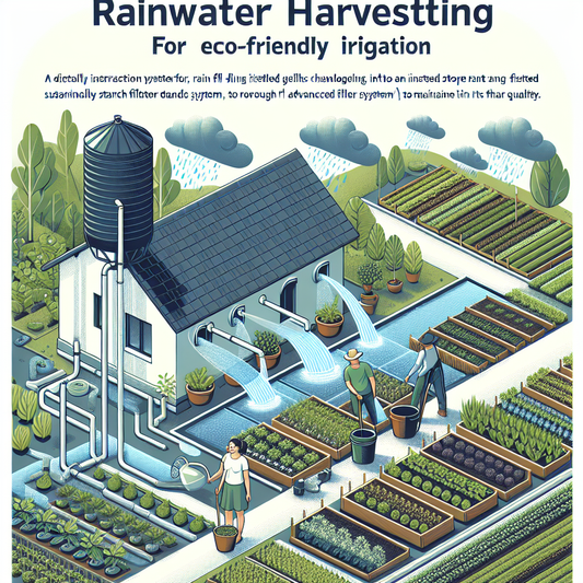 Rainwater barrel collecting roof runoff beside vegetable garden