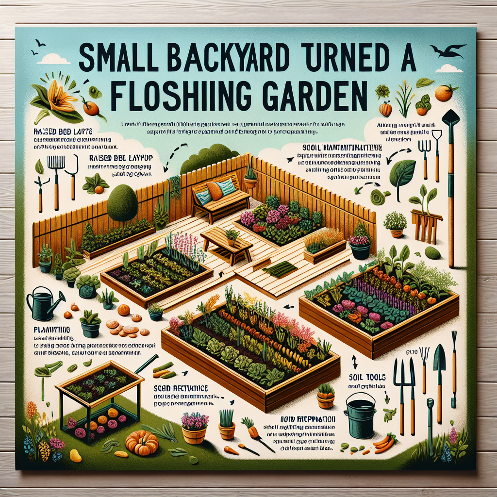 Small backyard garden with raised vegetable beds