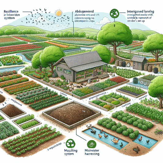 A lush permaculture garden with diverse crops and raised beds