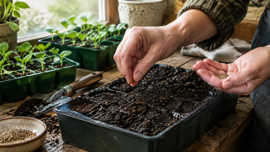 Gardener sowing tiny celeriac seeds on moist seed-starting mix in an indoor tray