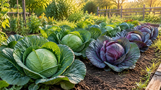Mature green and red cabbage heads growing in a sunny garden bed