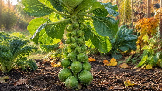 Mature Brussels sprouts stalk with firm lower sprouts ready for harvest