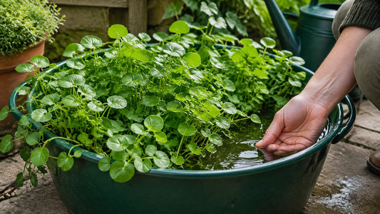 Lush watercress growing in a shallow container on a shaded patio