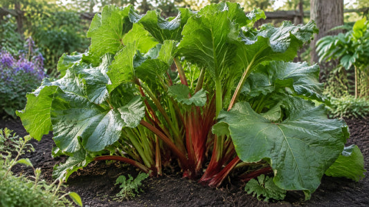 Mature rhubarb clump with large green leaves and thick red-green stalks growing in a spring garden bed