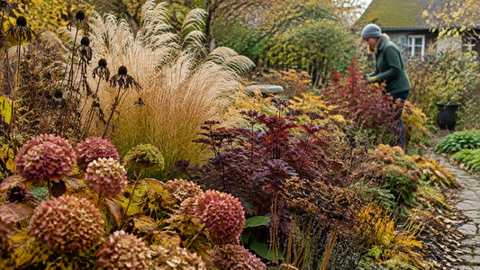 A mixed perennial border in late autumn, with ornamental grasses and seedheads catching the morning light