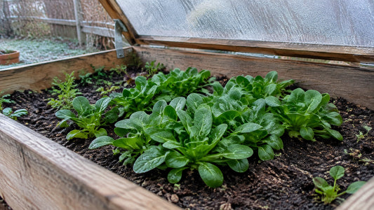 A healthy patch of mâche rosettes growing in a backyard cold frame on a chilly spring morning