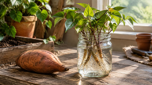 Sweet potato slips developing roots in a glass jar on a sunny potting bench