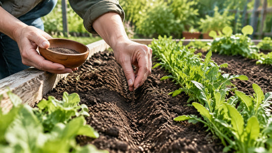 A gardener sowing arugula seeds into a shallow furrow in a raised garden bed