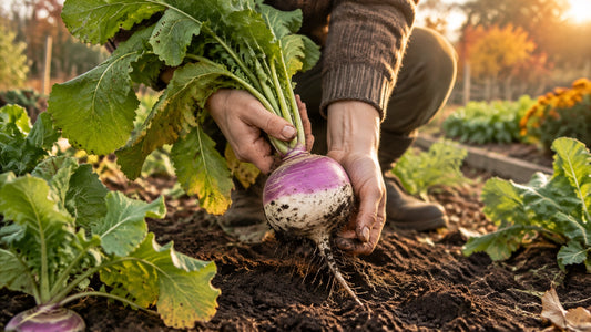 Gardener lifting a purple-top turnip from loose soil in a fall garden bed