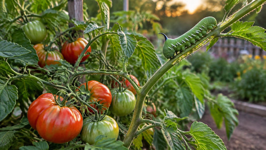 Bright green tomato hornworm with white markings on a tomato stem