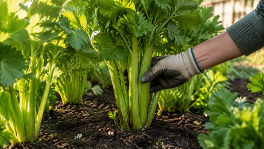 Mature celery plants growing in a garden bed, ready for harvest