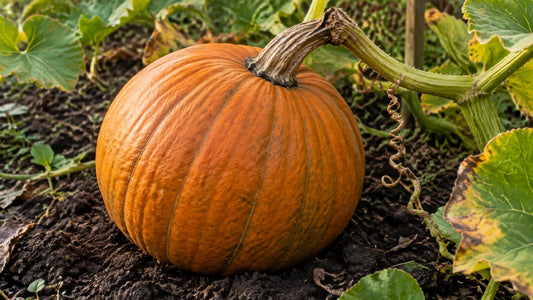 A mature orange pumpkin on the vine with a dried corky stem and brown curling tendril