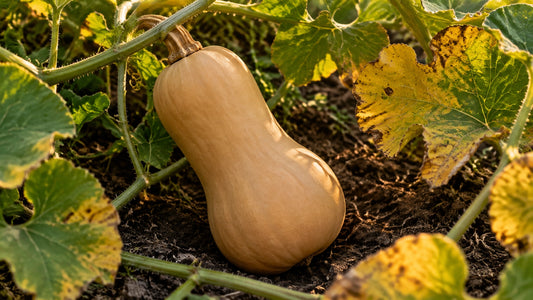 Mature tan butternut squash resting on a garden vine in early autumn