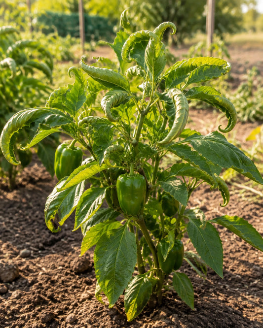 Pepper plant with leaves curling upward and inward in a sunny garden bed