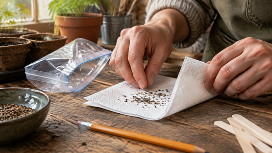 Gardener preparing seeds on a damp paper towel for cold stratification