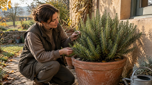 A gardener checks a potted rosemary plant against a sun-warmed house wall in late autumn