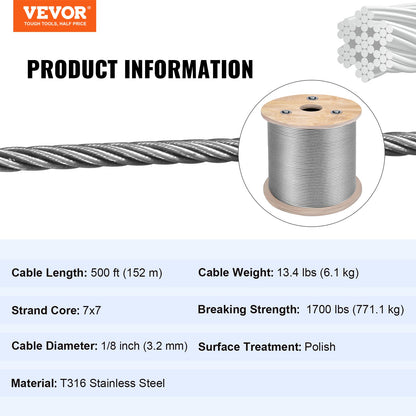 Stainless Steel Cable Railing Wire Rope - 500ft 316 Marine Grade