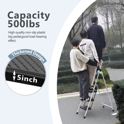 White Folding 4-Step Steel Ladder with Anti-Slip Pedals and Safety Handle