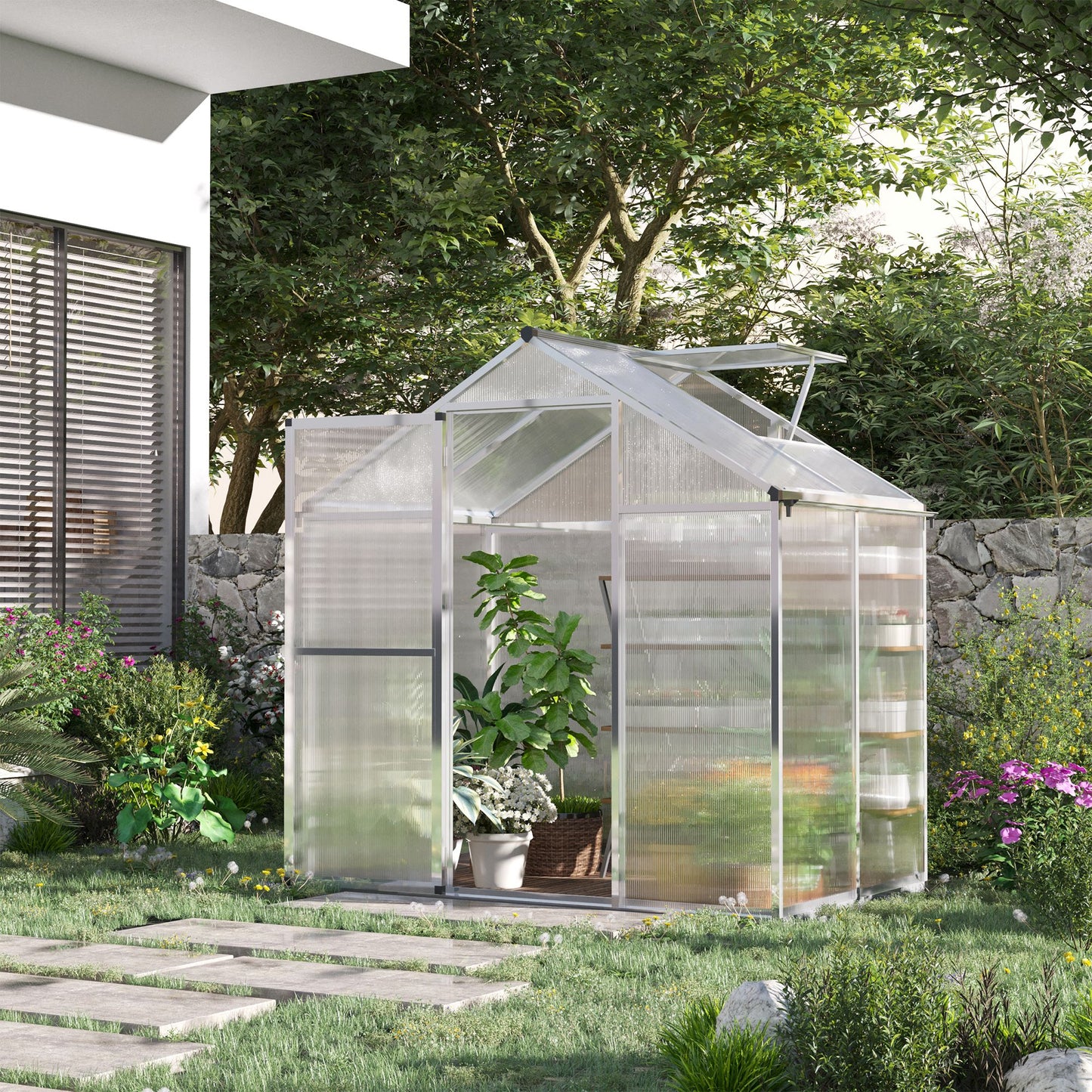 4x6 Clear Polycarbonate Walk-In Greenhouse with Roof Vent