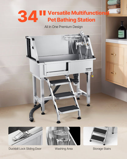 Stainless Steel Dog Grooming Tub with Stairs and Left Door