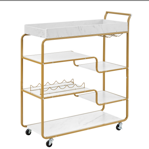 Gold Rolling Bar Cart with Wine Rack and Glass Holder