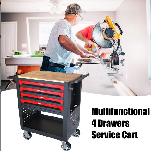 Black and Red Metal Tool Cart with Drawers and Wooden Top